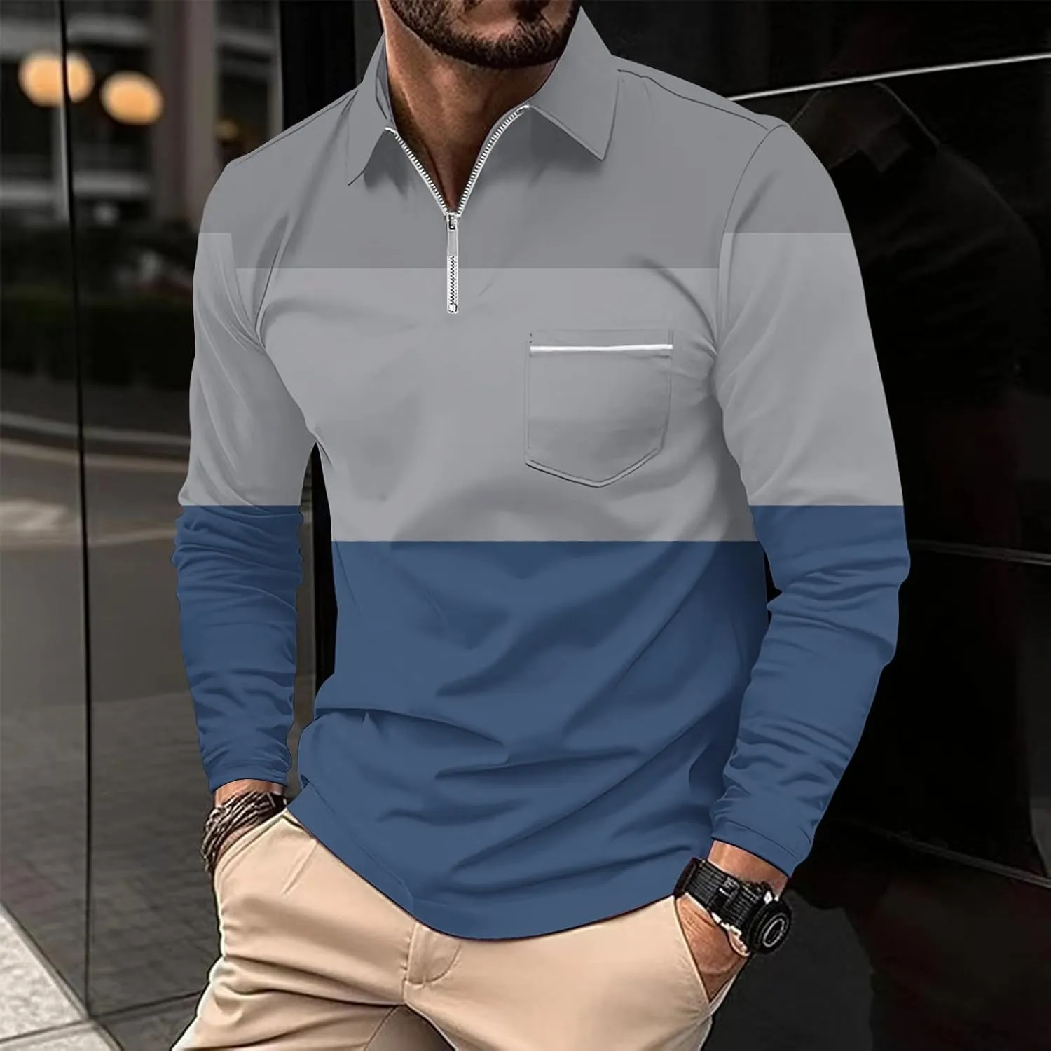 Men's Polo Shirts with Pocket Long Sleeve Casual Collar Pullover Slim Fit Zipper Polo Shirts Business Dress Shirts
