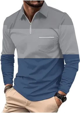 Men's Polo Shirts with Pocket Long Sleeve Casual Collar Pullover Slim Fit Zipper Polo Shirts Business Dress Shirts