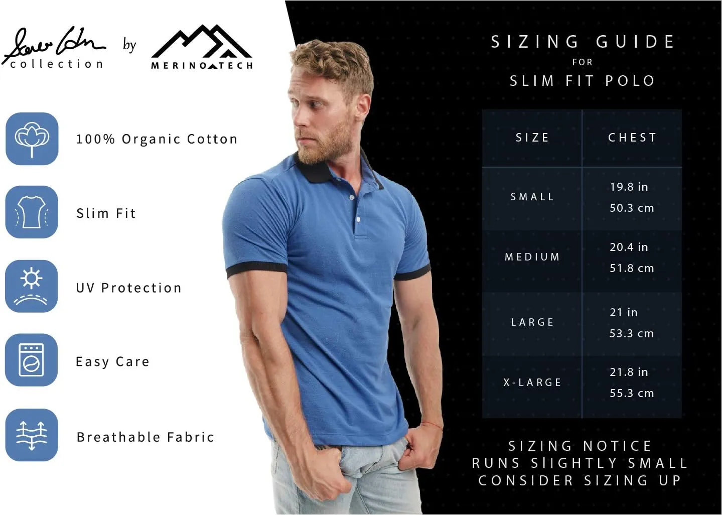Merino.tech Organic Cotton Mens Polo - Slim Fit, Sustainably Made for Everyday Comfort
