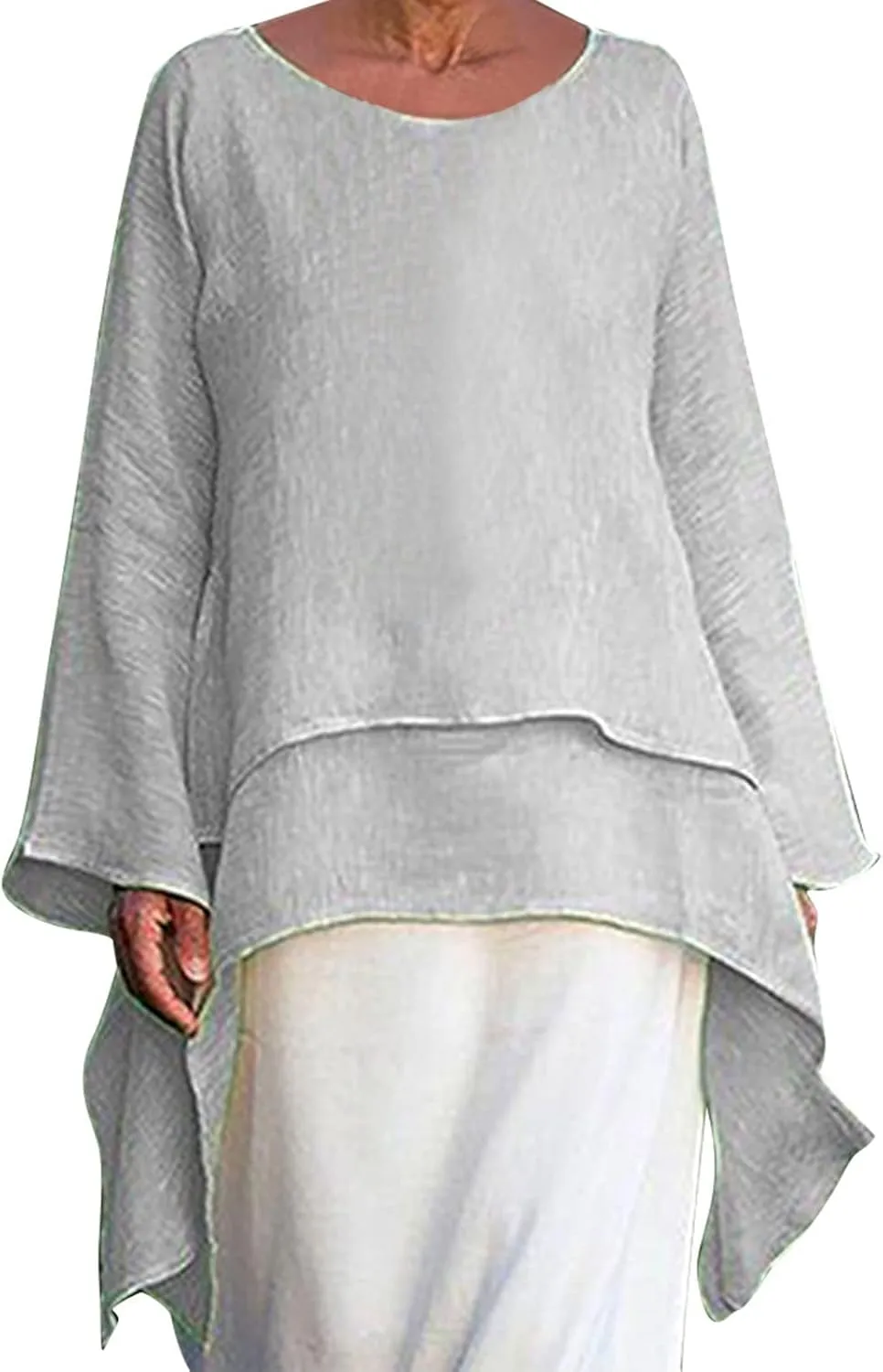 Mzkdieey Oversized Cotton Linen Shirts for Women High Low Hem Asymmetrical Tops Summer Casual Crewneck Long Sleeve Blouse