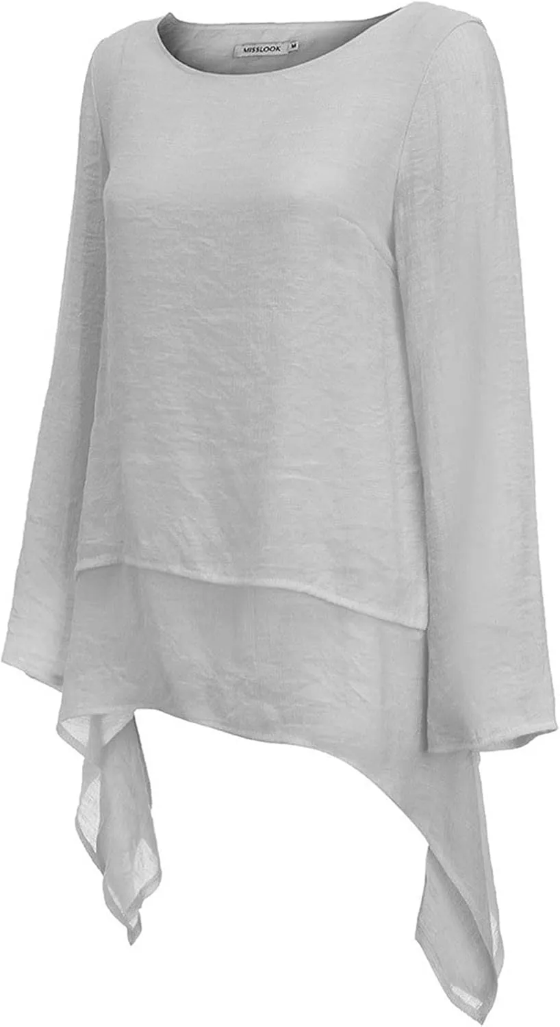 Mzkdieey Oversized Cotton Linen Shirts for Women High Low Hem Asymmetrical Tops Summer Casual Crewneck Long Sleeve Blouse