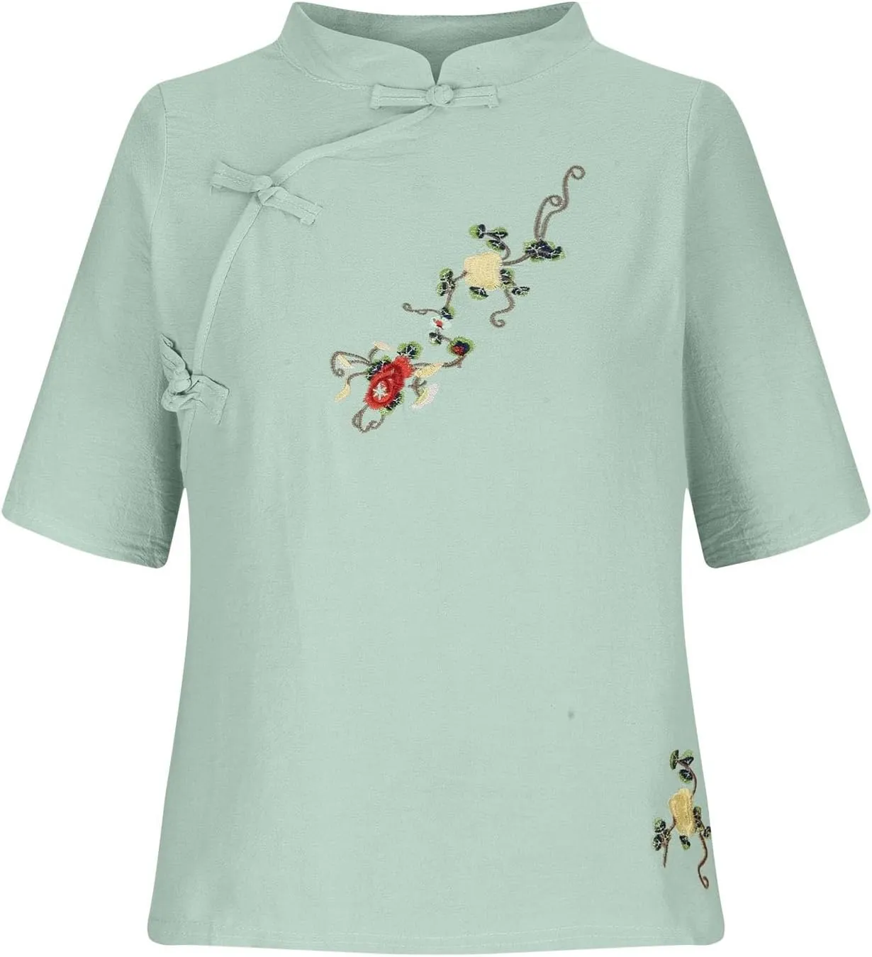 Mzkdieey Women's Cotton Linen Retro Chinese Frog Button Tops Floral Embroidered Shirts Mandarin Collar Long Sleeve Blouses
