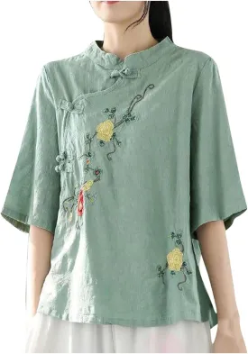Mzkdieey Women's Cotton Linen Retro Chinese Frog Button Tops Floral Embroidered Shirts Mandarin Collar Long Sleeve Blouses