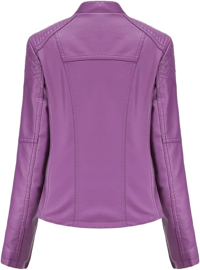 NATHGAM Womens Leather Jacket Long Sleeve Cropped Tops with Zipper Pockets Lightweight Vegan Lapel Biker Jacket Outerwear