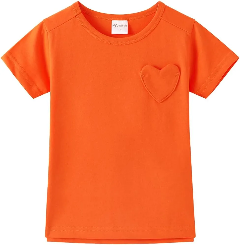 Noomelfish Girls Short Sleeve Heart Pocket T-Shirts Casual Cotton Tee Tops Blouse (5-12 Years)