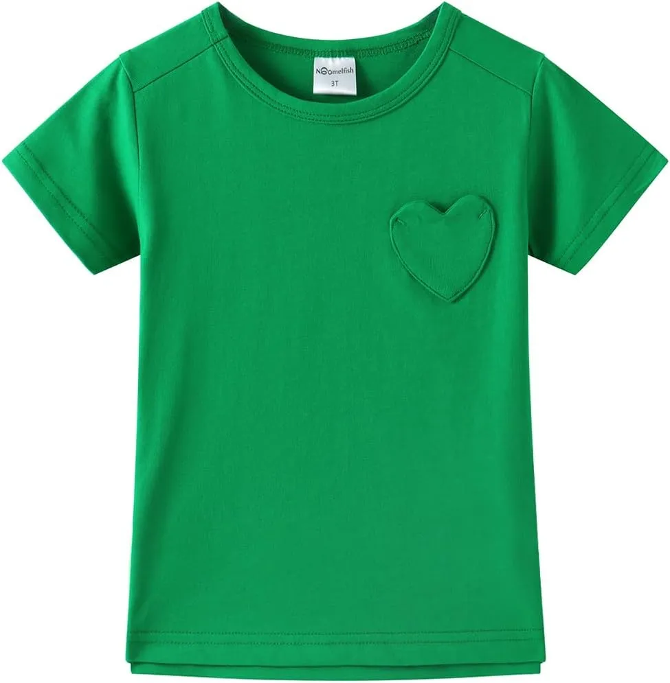 Noomelfish Girls Short Sleeve Heart Pocket T-Shirts Casual Cotton Tee Tops Blouse (5-12 Years)