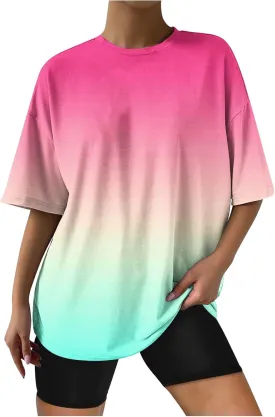 Oversized T Shirt for Women Trendy Tie Dye Print Short Sleeve Tops Gradient Color Crewneck Blouse Plus Size Pullover