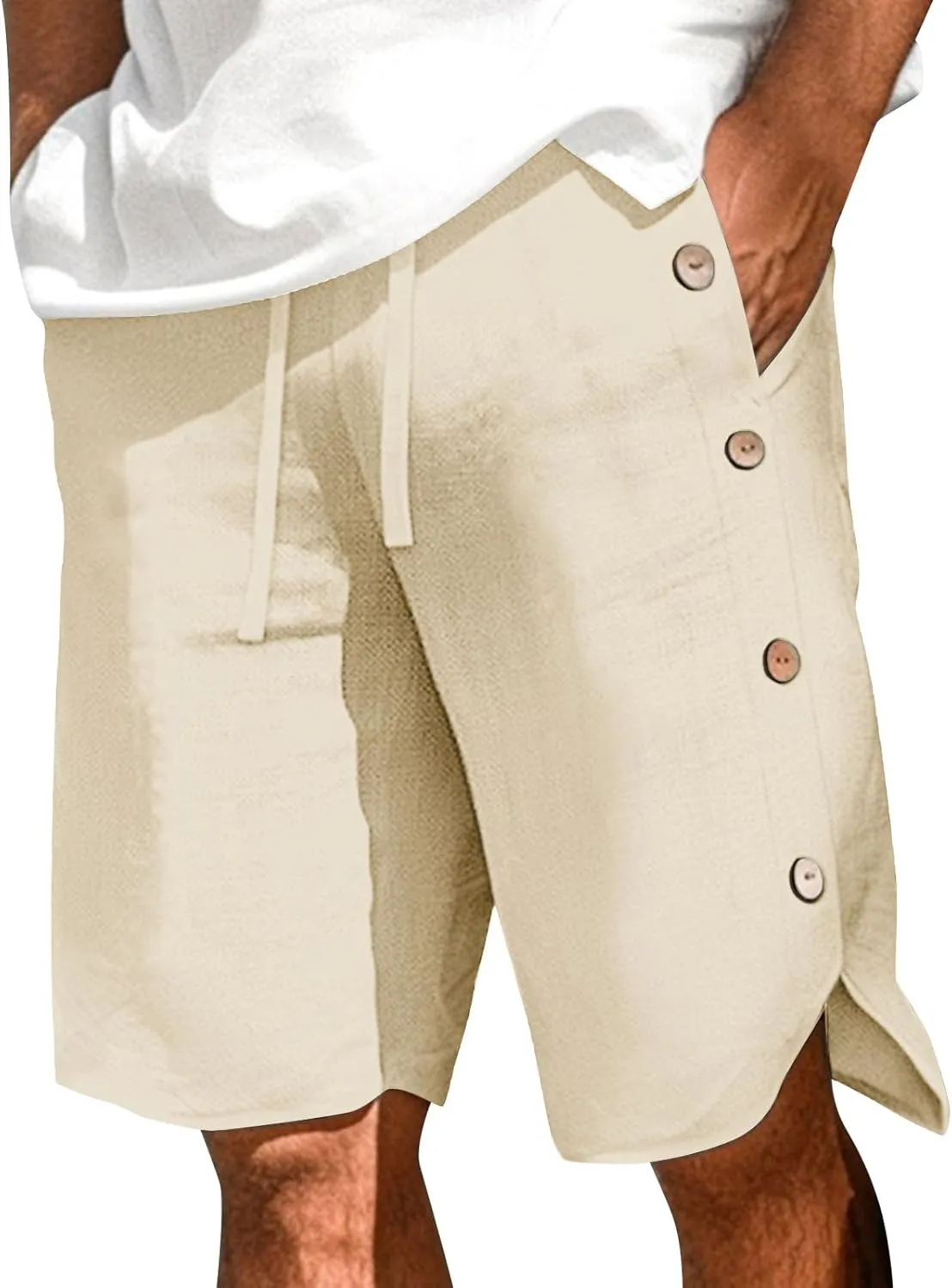 Shorts for Men Elastic Waist Side Buttons and Split Bermuda Shorts Summer Casual Faux Cotton Linen 5 Inch Pants with Pockets