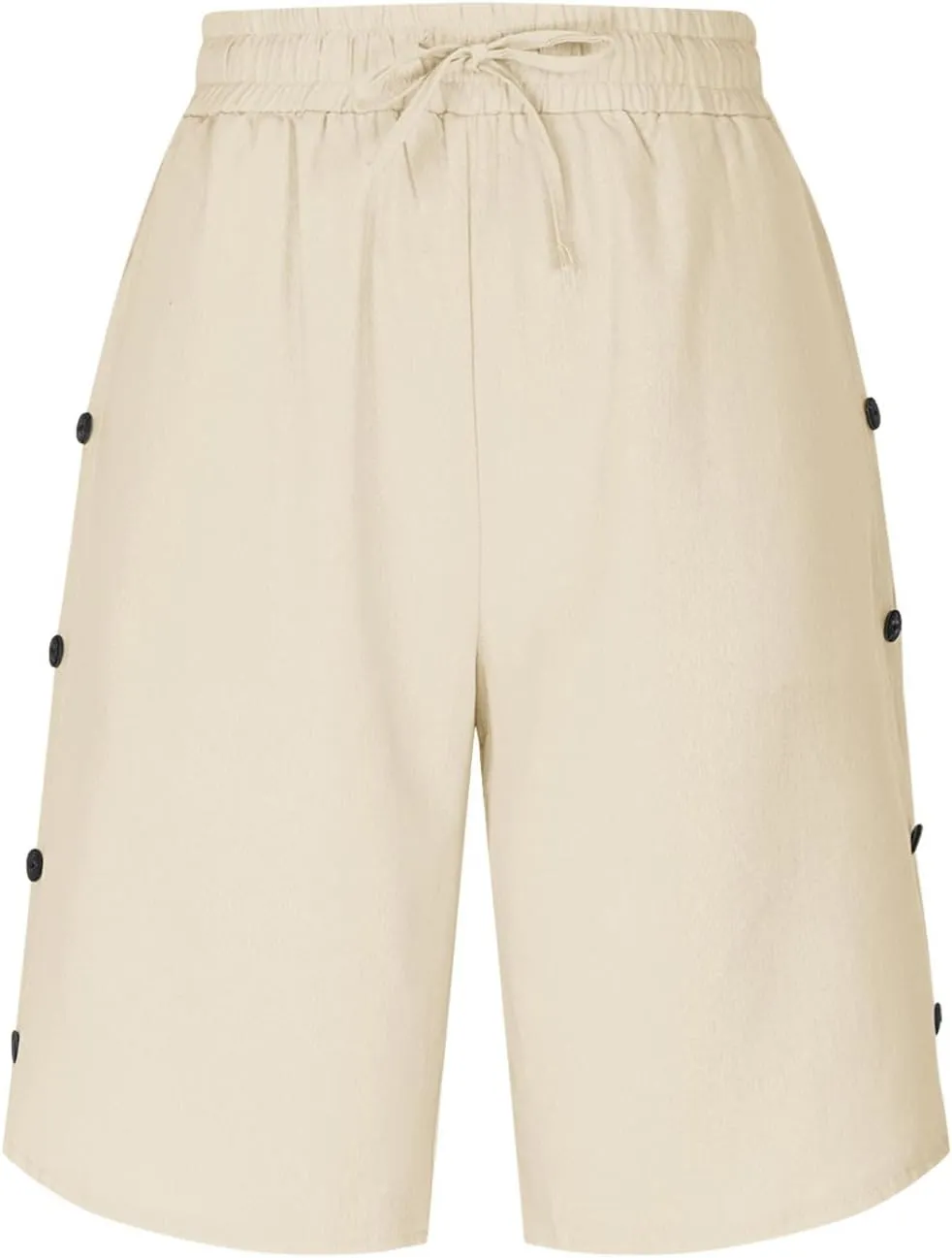 Shorts for Men Elastic Waist Side Buttons and Split Bermuda Shorts Summer Casual Faux Cotton Linen 5 Inch Pants with Pockets