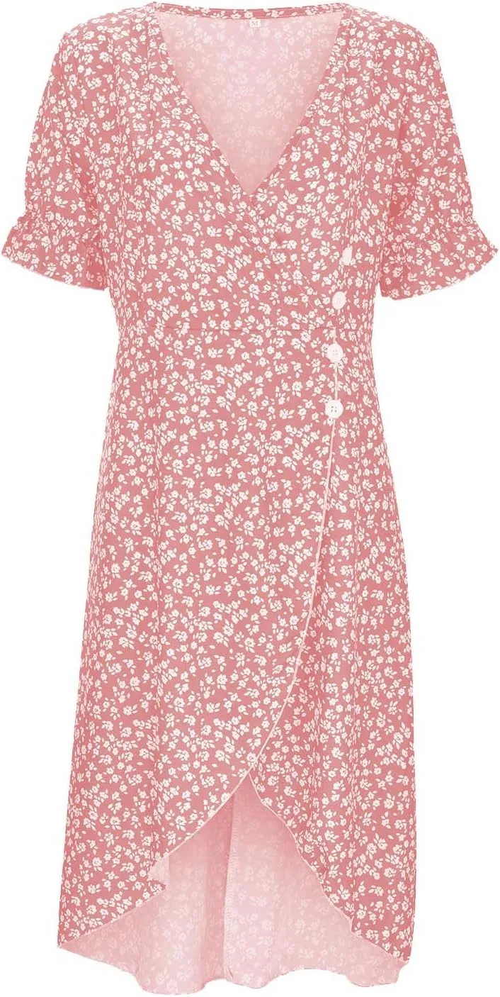 Spring Dresses For Women 2025 Bubble Sleeve Split Irregular Hem V-neck Elegant Dress Button Floral Casual Sundress