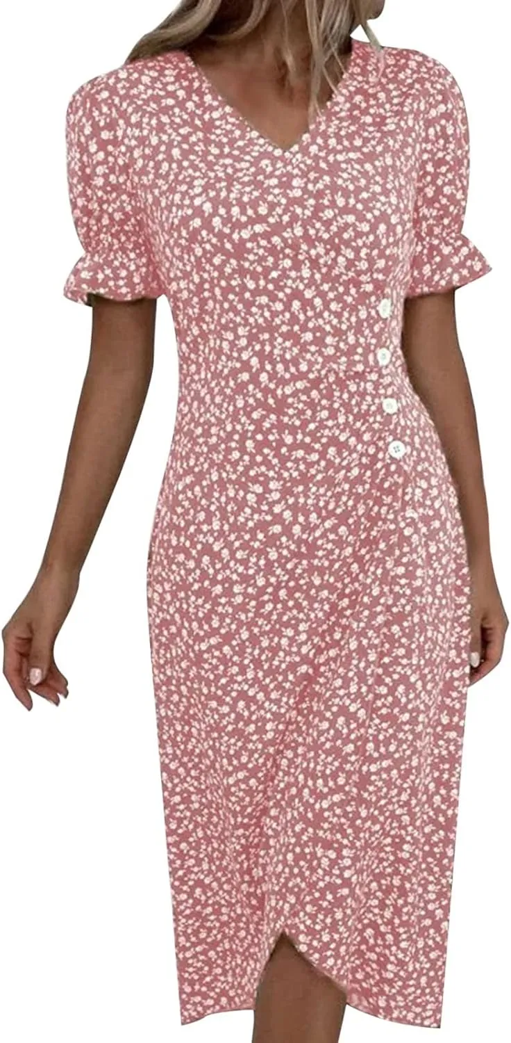 Spring Dresses For Women 2025 Bubble Sleeve Split Irregular Hem V-neck Elegant Dress Button Floral Casual Sundress