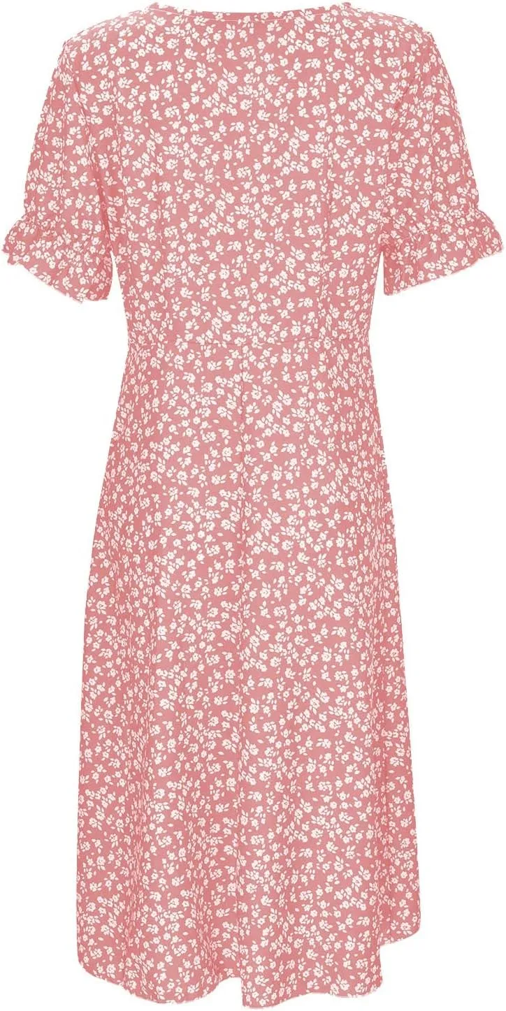 Spring Dresses For Women 2025 Bubble Sleeve Split Irregular Hem V-neck Elegant Dress Button Floral Casual Sundress