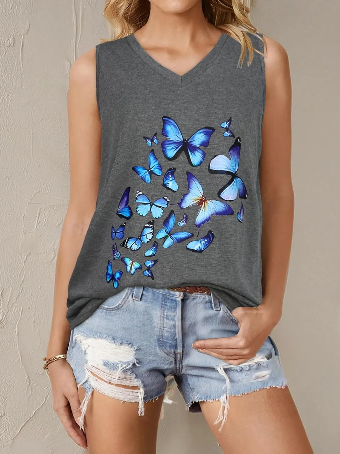 Summer Tops for Women Sleeveless V Neck Tshirt Loose Fit Casual Tank Tunic Blouse