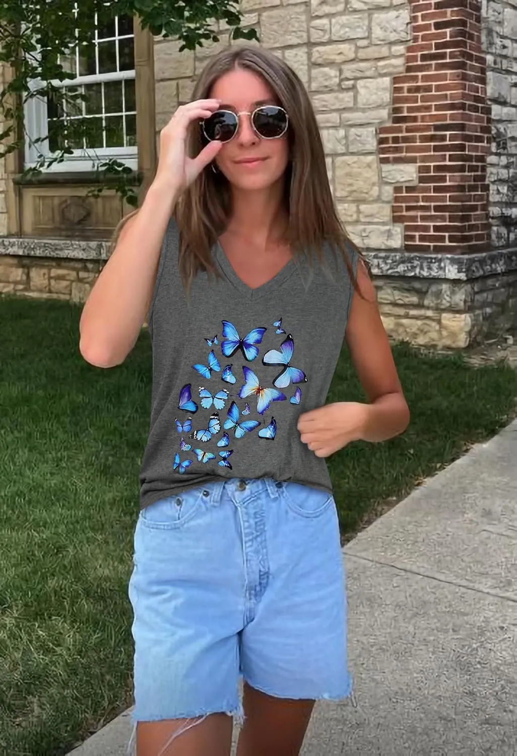 Summer Tops for Women Sleeveless V Neck Tshirt Loose Fit Casual Tank Tunic Blouse