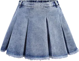 SweatyRocks Girl's Raw Hem High Waist Denim Skirt A Line Pleated Mini Jean Skirts