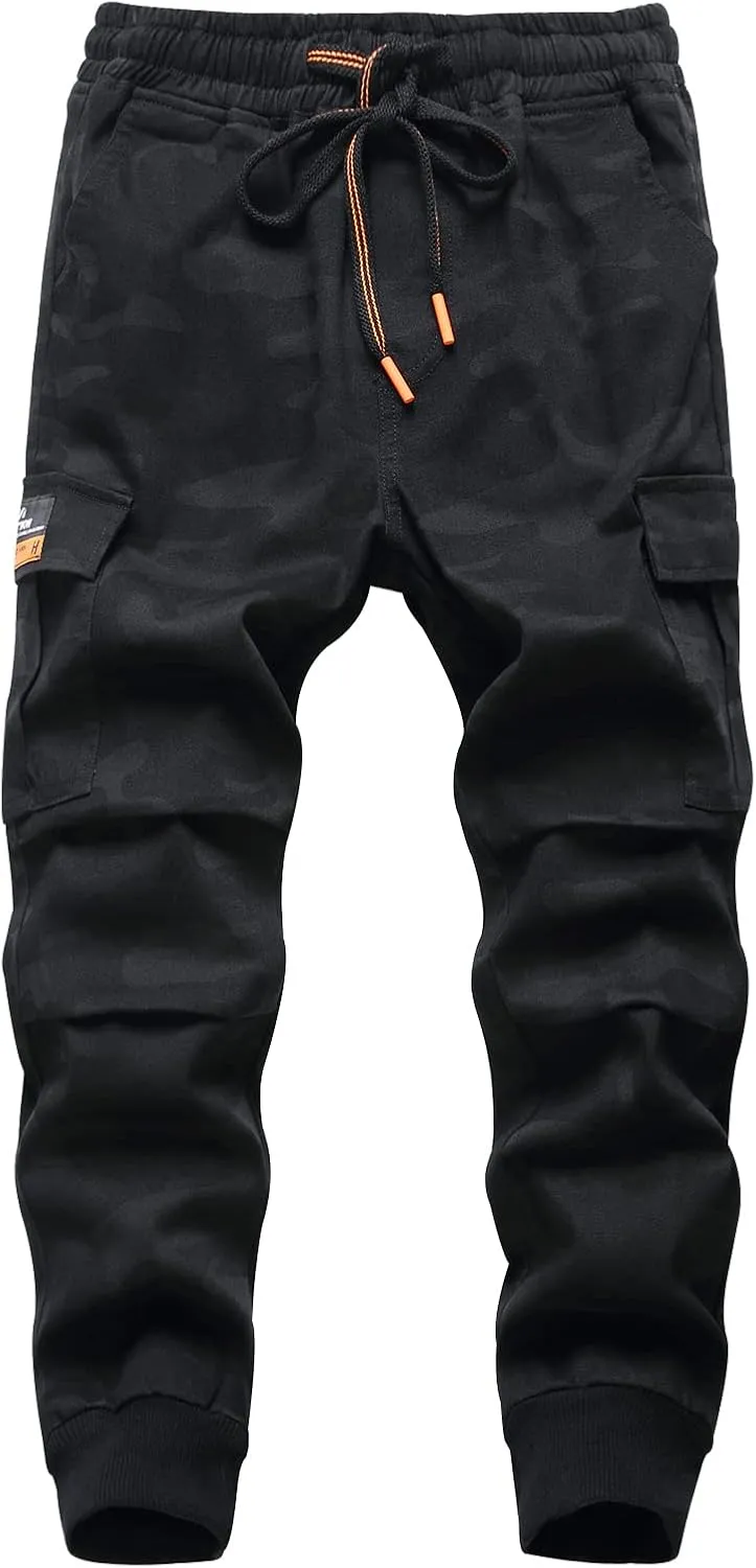 TLAENSON Boys Joggers Cargo Pants for Kids Drawstring Elastic Waist Cotton Twill Jogging School Pant