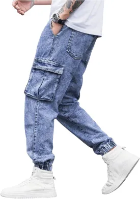 Verdusa Men's Elastic Waist Drawstring Denim Cargo Pants Joggers with Pockets