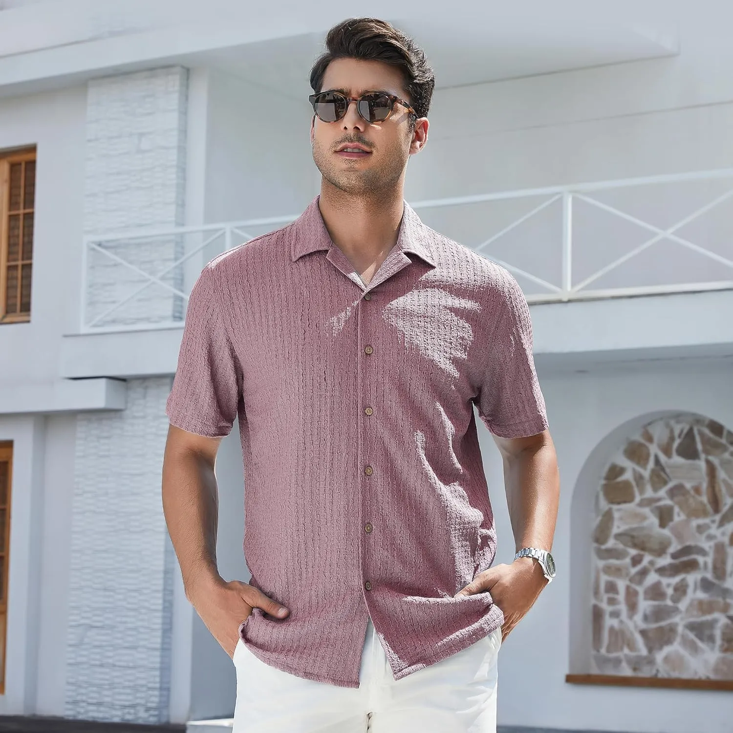 WARHORSEE Mens Dress Shirts Short Sleeve Performance 4-Way Stretch Wrinkle Free Casual Button Down Shirt