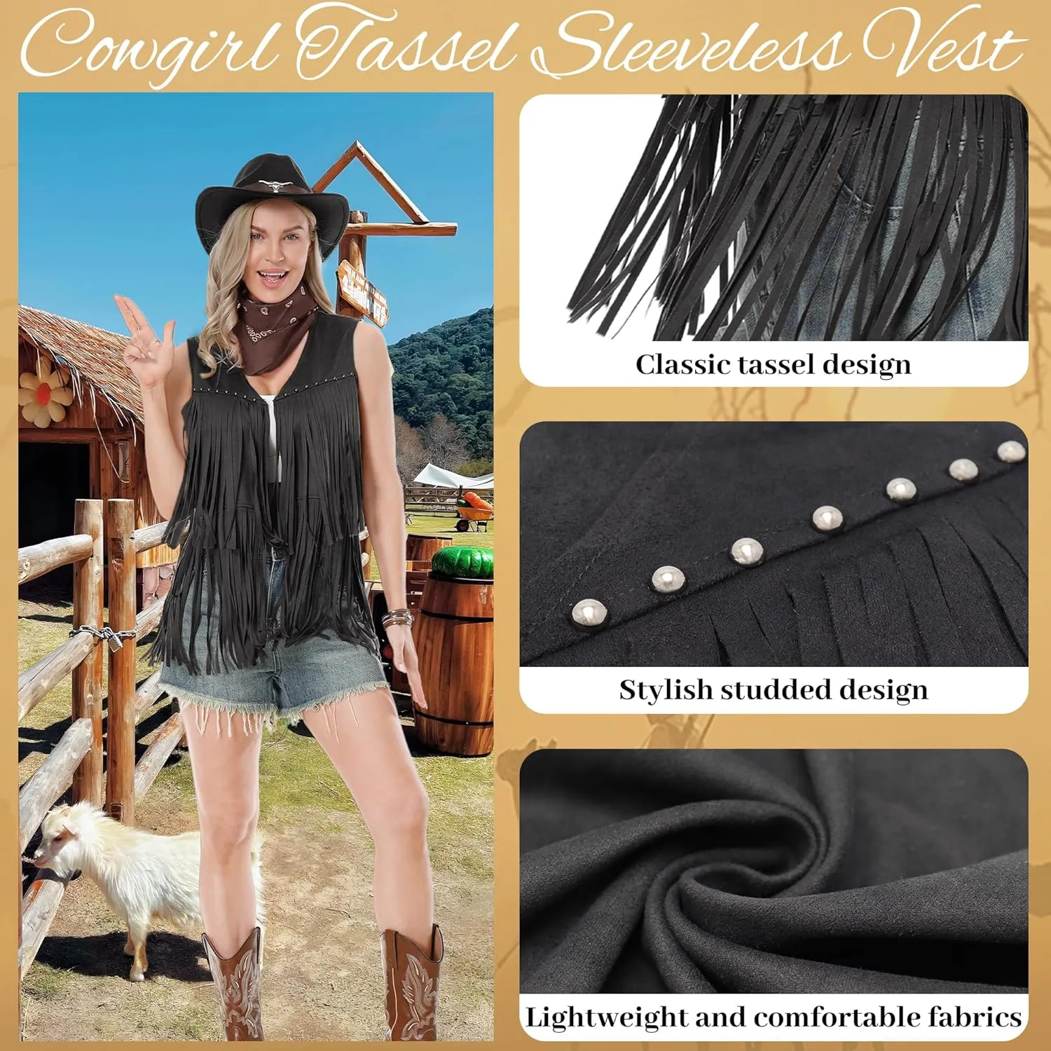 Western Cowgirl Costume for Women Cowboy Tassel Vest for Women Outfit with Hat Bandana Necklace