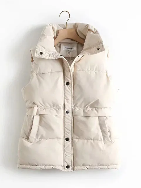 Wjczt 2022 Autumn Winter Women Solid Loose Vest Drawstring Stand Collar Long Vest Jacket  Cotton Padded Women Windproof Warm Waistcoat