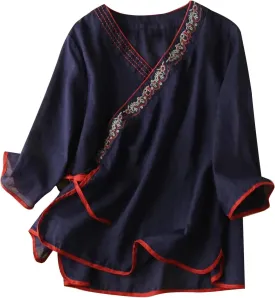 Women Cotton Linen Shirts Vintage Chinese Embroidery 3/4 Sleeve Casual Trendy Tops Loose V Neck Side Tie Slit Blouse
