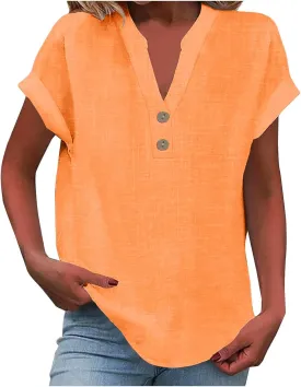 Women Cotton Linen Summer Tops Short Sleeve Loose Fit Blouses V Neck Dressy Casual Tunic Boho Resort Wear Clothing