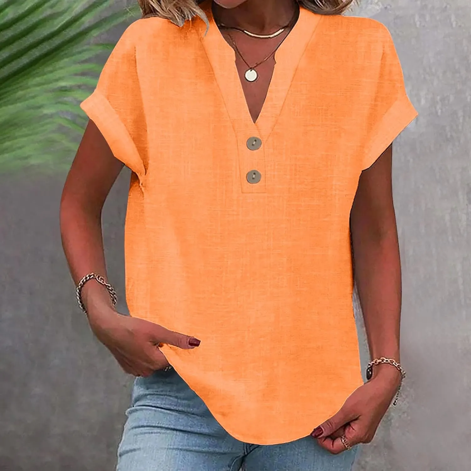 Women Cotton Linen Summer Tops Short Sleeve Loose Fit Blouses V Neck Dressy Casual Tunic Boho Resort Wear Clothing