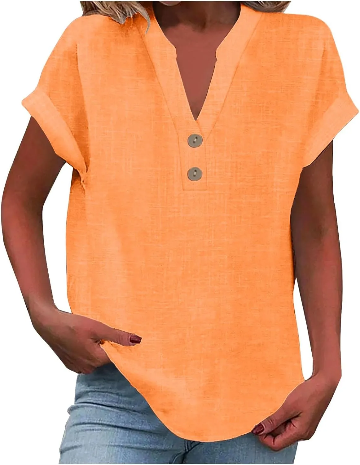 Women Cotton Linen Summer Tops Short Sleeve Loose Fit Blouses V Neck Dressy Casual Tunic Boho Resort Wear Clothing