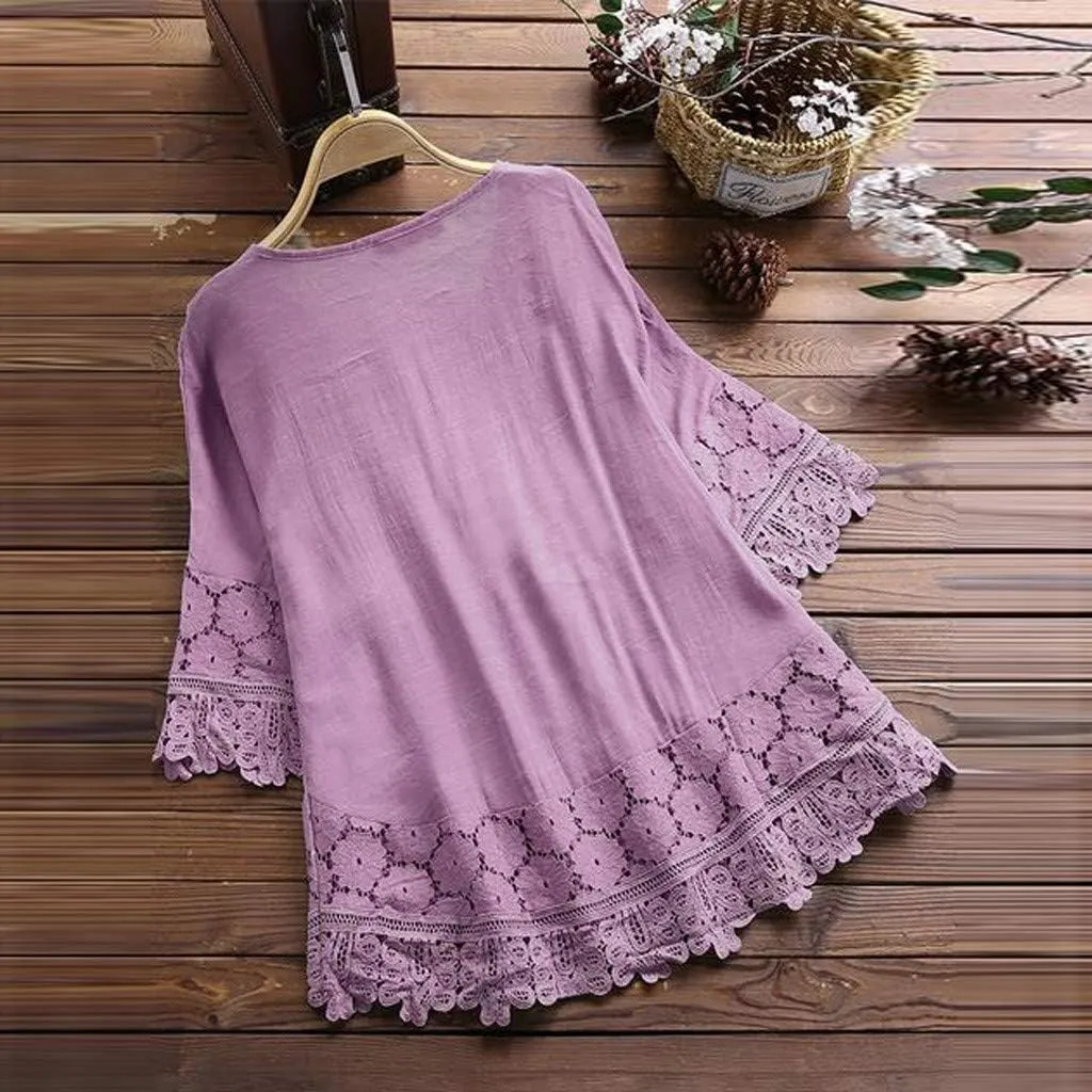 Women Mexican Embroidered Blouse Tops Cotton Linen Summer Shirts 3/4 Length Sleeve Tunics Trendy Boho Peasant Clothes