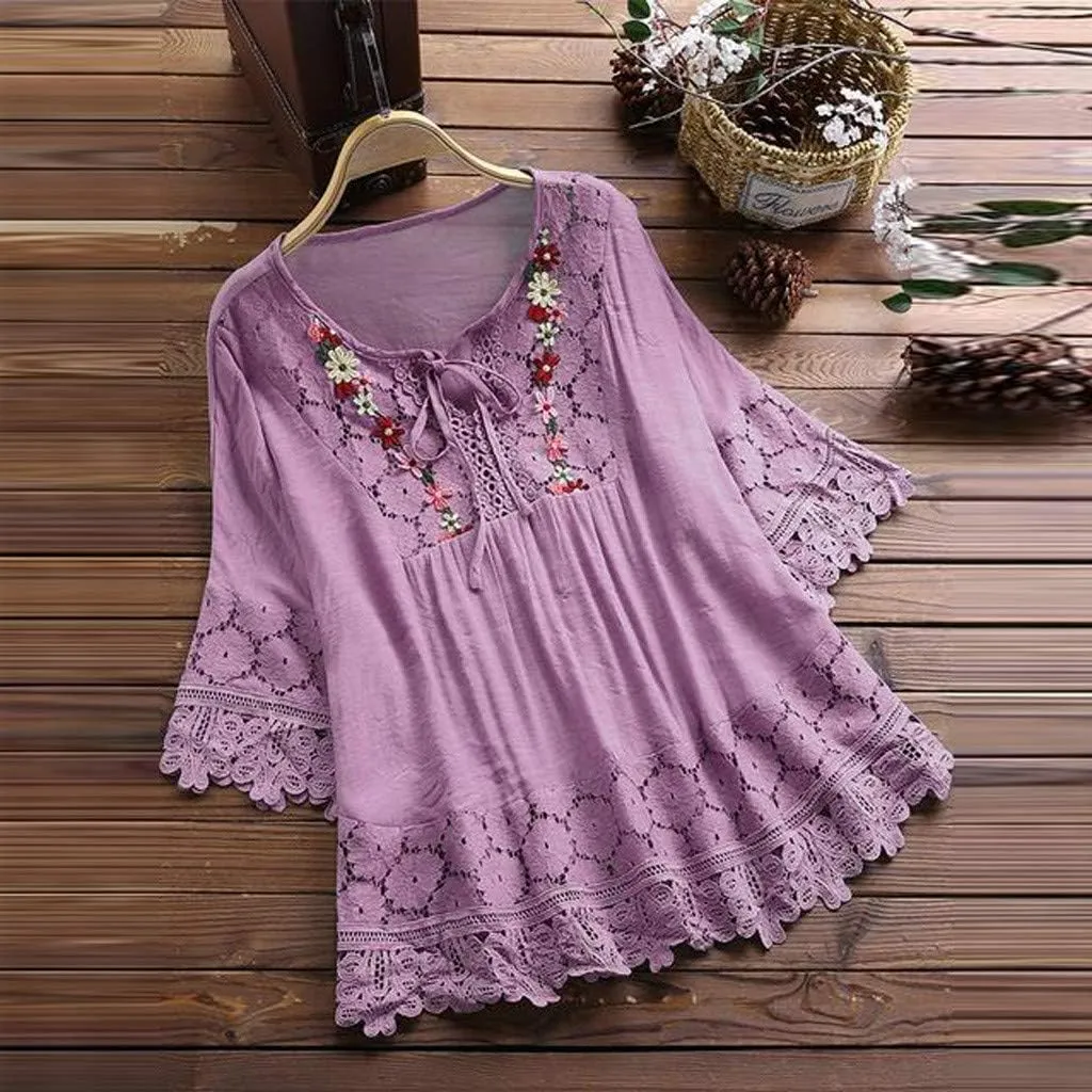 Women Mexican Embroidered Blouse Tops Cotton Linen Summer Shirts 3/4 Length Sleeve Tunics Trendy Boho Peasant Clothes