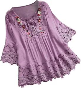 Women Mexican Embroidered Blouse Tops Cotton Linen Summer Shirts 3/4 Length Sleeve Tunics Trendy Boho Peasant Clothes