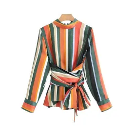 women vintage bow tie color striped shirt stand collar zipper long sleeve blouse retro autumn casual tops blusas LT2385 (US 10-16W)