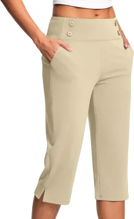 Women Yoga Capri Pants with Pockets High Waist Stretch Capris Tummy Control Athletic Workout Jogger Cropped Trousers