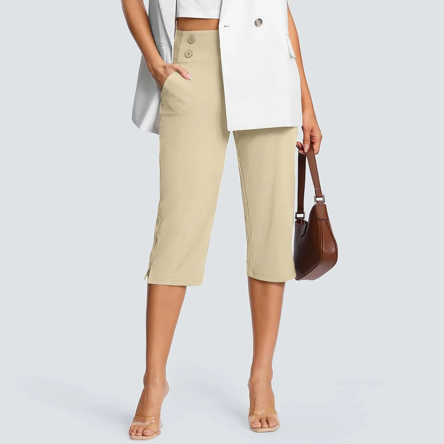 Women Yoga Capri Pants with Pockets High Waist Stretch Capris Tummy Control Athletic Workout Jogger Cropped Trousers