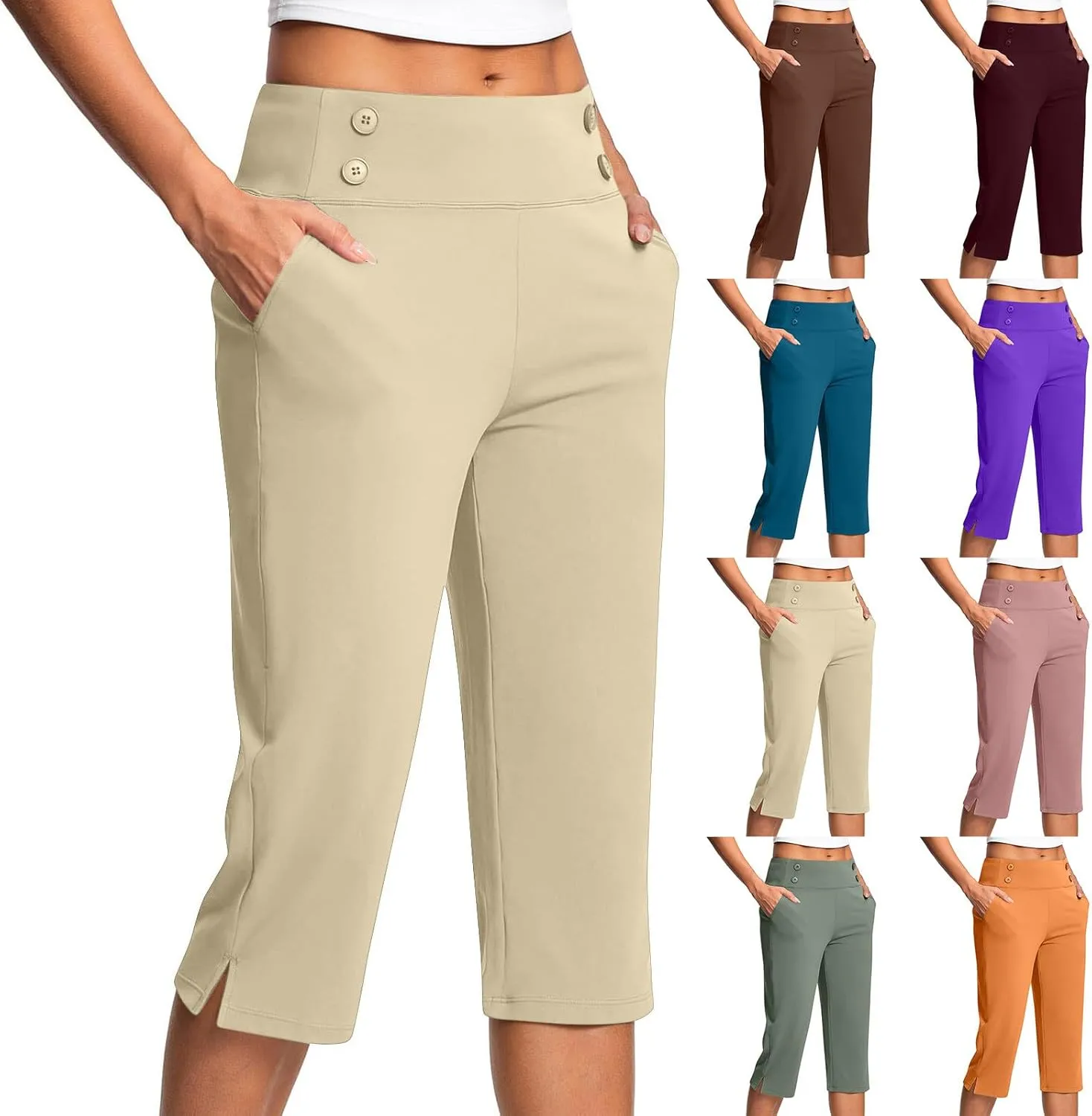 Women Yoga Capri Pants with Pockets High Waist Stretch Capris Tummy Control Athletic Workout Jogger Cropped Trousers