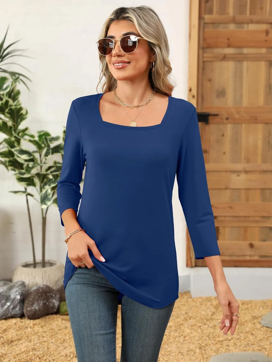 Womens 3/4 Sleeve Square Neck Tops Casual Summer Tops Trendy Womens T Shirts Ladies Tops