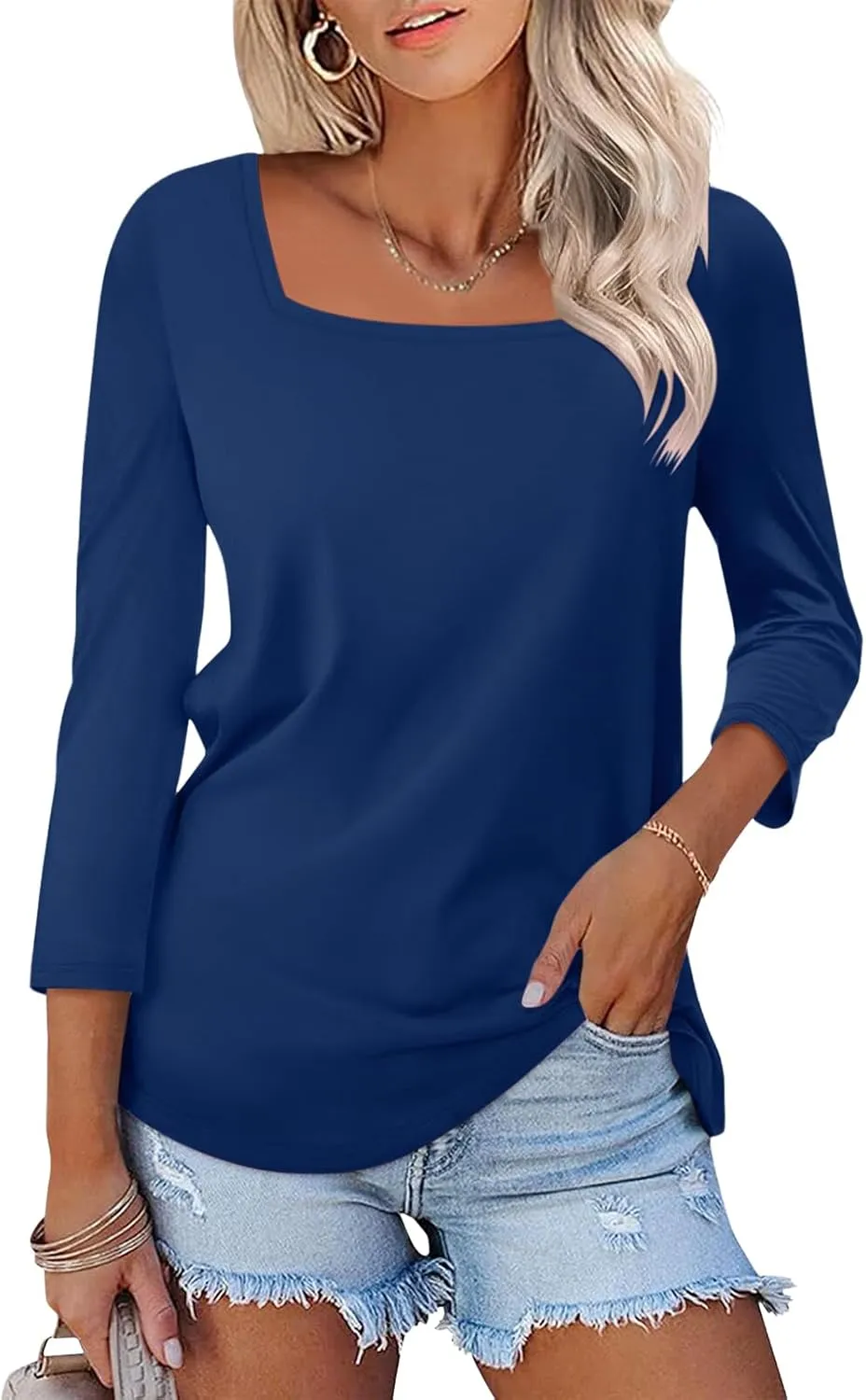 Womens 3/4 Sleeve Square Neck Tops Casual Summer Tops Trendy Womens T Shirts Ladies Tops