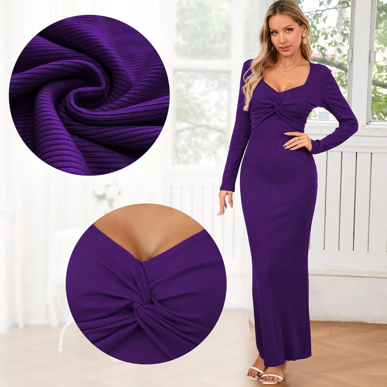 Women's Bodycon Maxi Dress Square Neck Long Sleeve Formal Tube Twist Knot Front Ribbed Knit 2025 Spring Casual Dress