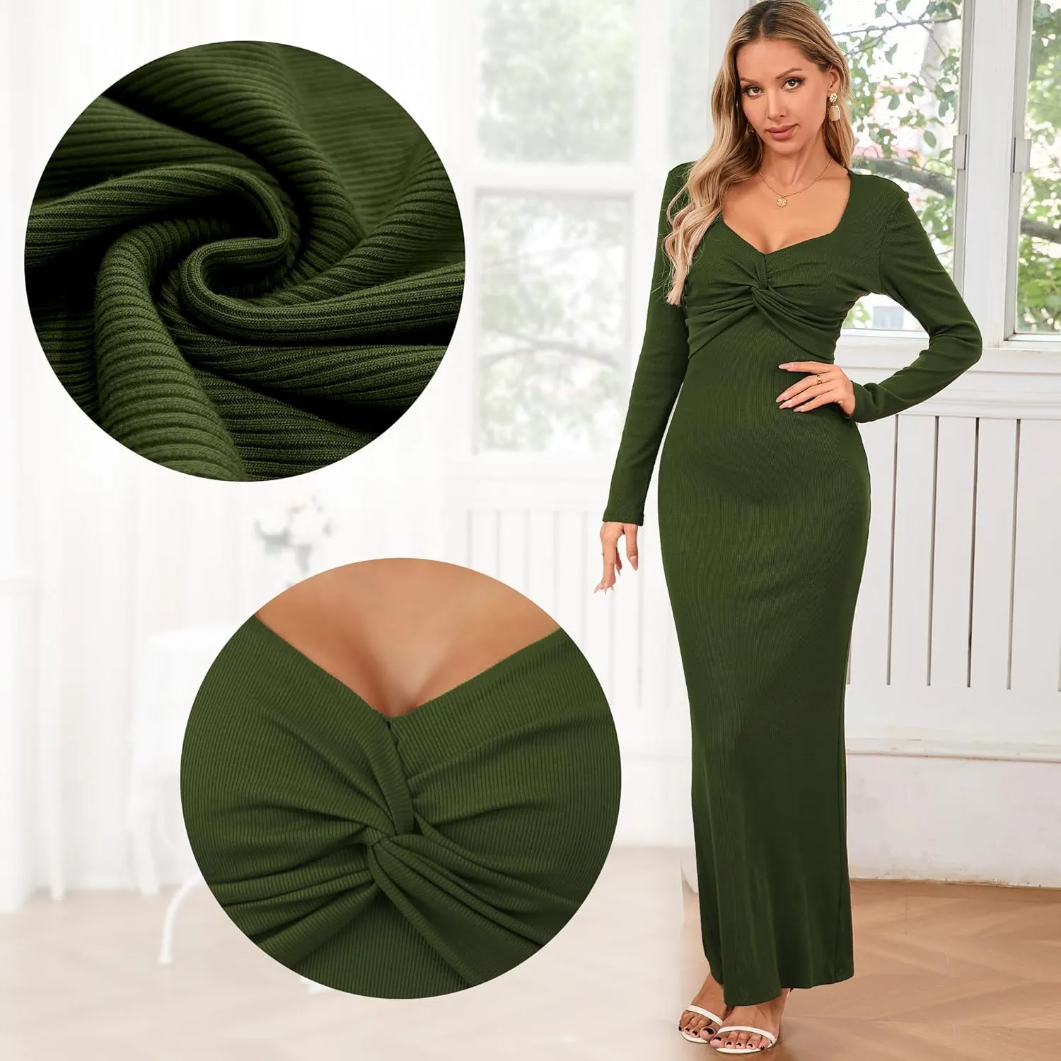Women's Bodycon Maxi Dress Square Neck Long Sleeve Formal Tube Twist Knot Front Ribbed Knit 2025 Spring Casual Dress