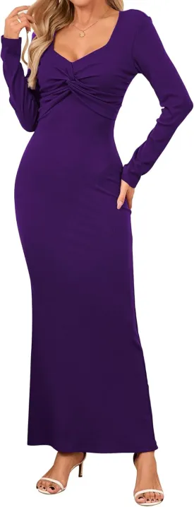 Women's Bodycon Maxi Dress Square Neck Long Sleeve Formal Tube Twist Knot Front Ribbed Knit 2025 Spring Casual Dress