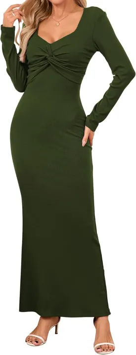 Women's Bodycon Maxi Dress Square Neck Long Sleeve Formal Tube Twist Knot Front Ribbed Knit 2025 Spring Casual Dress