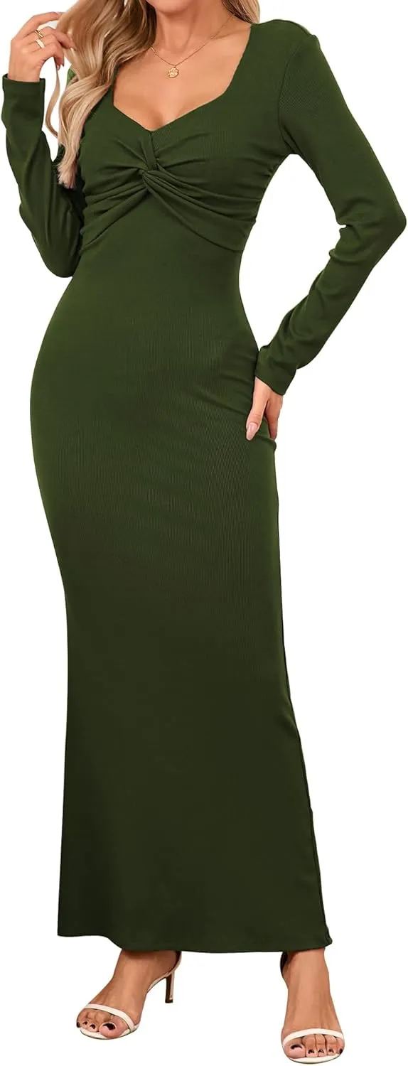 Women's Bodycon Maxi Dress Square Neck Long Sleeve Formal Tube Twist Knot Front Ribbed Knit 2025 Spring Casual Dress