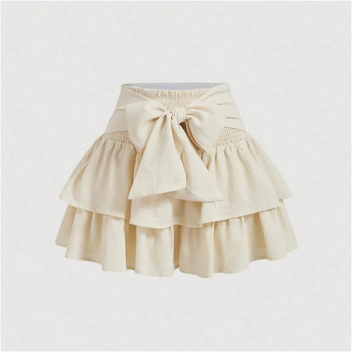 Women's Bow Front Mini Skirt High Shirred Waist Layered Ruffle Hem Short Cake Skirts
