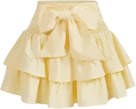 Women's Bow Front Mini Skirt High Shirred Waist Layered Ruffle Hem Short Cake Skirts