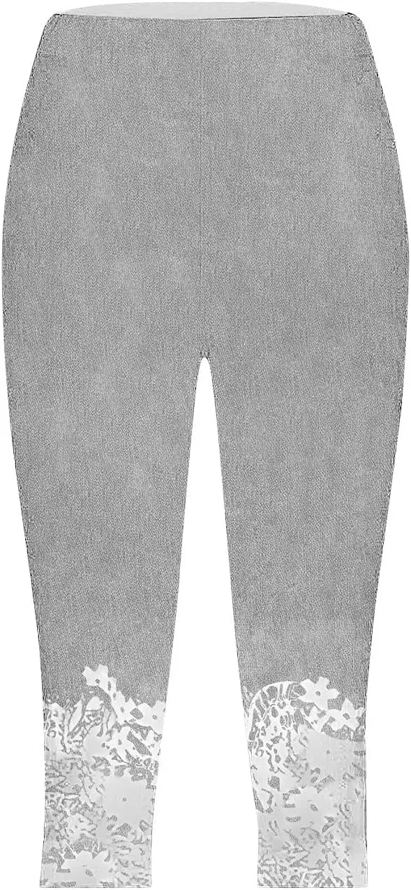 Womens Capri Leggings High Waisted Slim Fashion Floral Print Trousers Knee Length Comfy Stretch Yoga Cropped Pants
