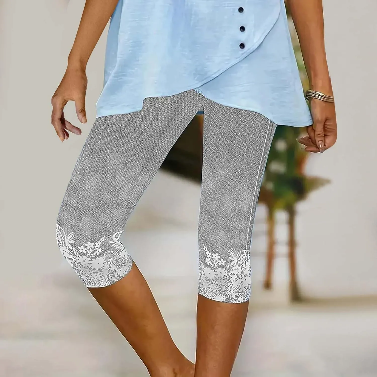 Womens Capri Leggings High Waisted Slim Fashion Floral Print Trousers Knee Length Comfy Stretch Yoga Cropped Pants