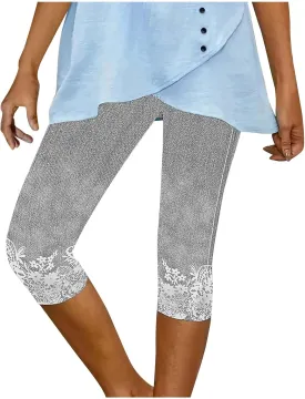Womens Capri Leggings High Waisted Slim Fashion Floral Print Trousers Knee Length Comfy Stretch Yoga Cropped Pants