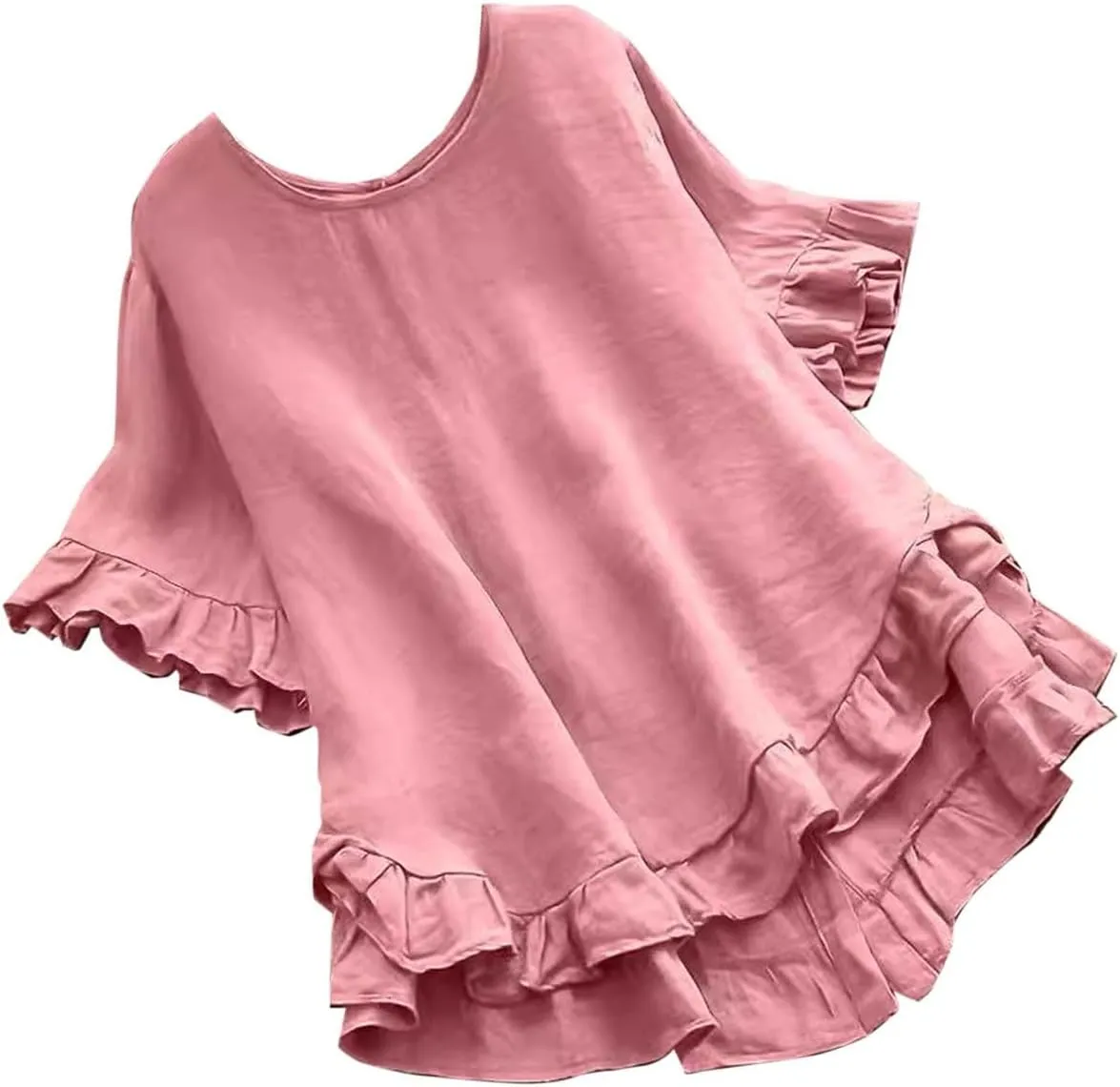 Women's Casual Ruffle Blouses Cotton Linen Plus Size Short Sleeve Tops Summer Loose Fit Fashion Ruffled Hem Shirts
