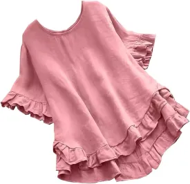 Women's Casual Ruffle Blouses Cotton Linen Plus Size Short Sleeve Tops Summer Loose Fit Fashion Ruffled Hem Shirts