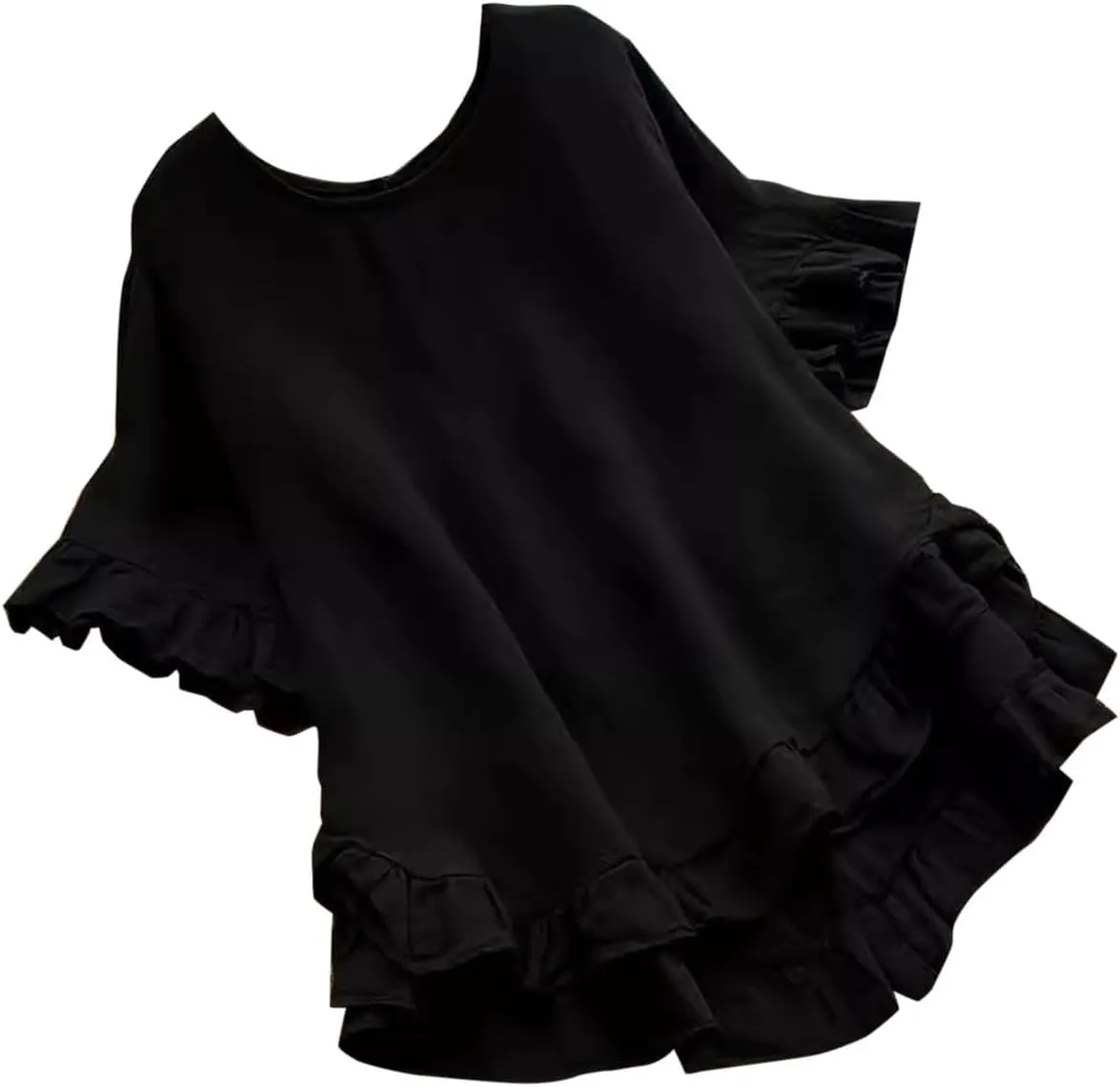 Women's Casual Ruffle Blouses Cotton Linen Plus Size Short Sleeve Tops Summer Loose Fit Fashion Ruffled Hem Shirts
